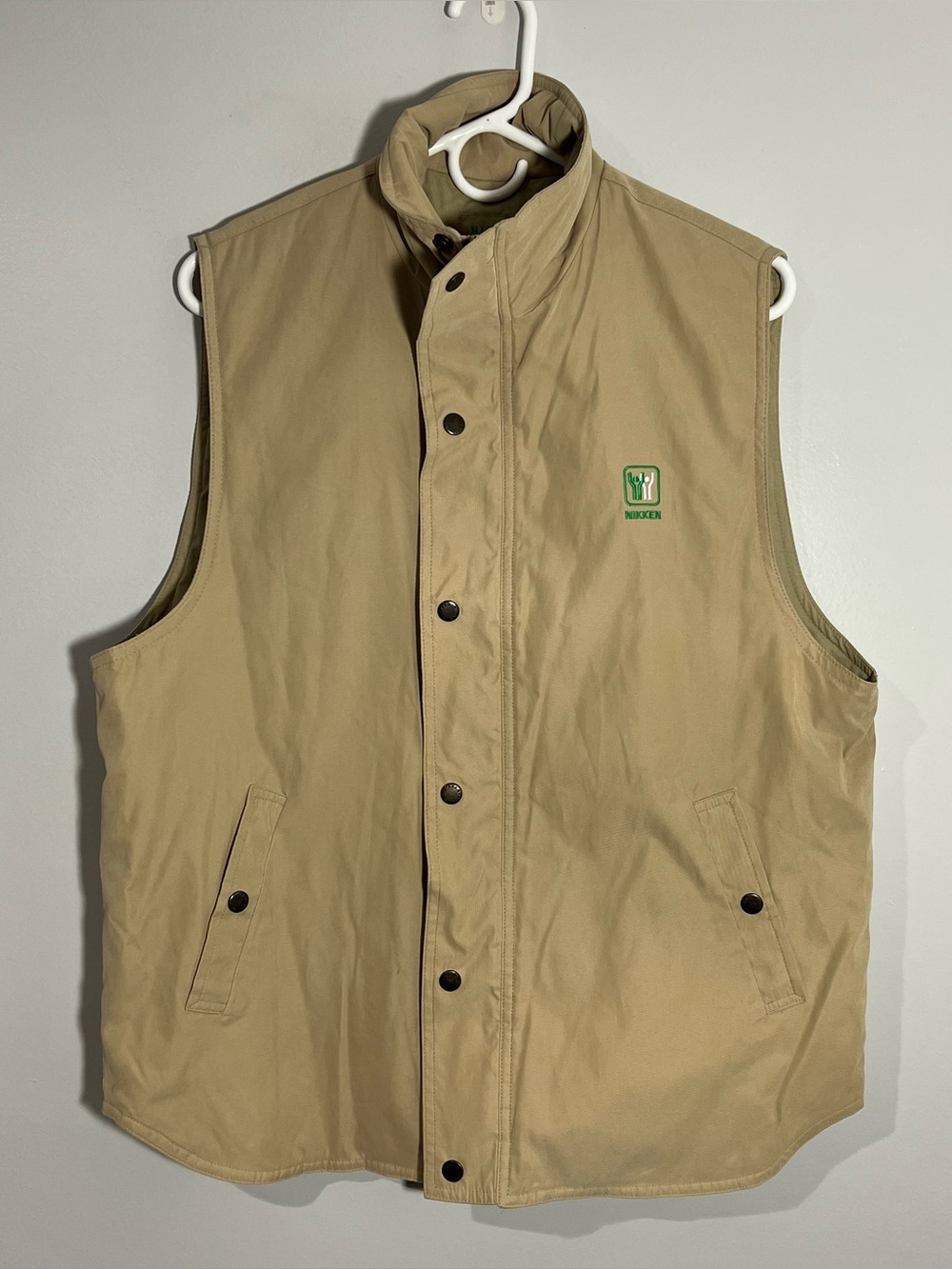 Vintage Nikken Beige Green Logo Full Zip Snap Button Vest Mens Small